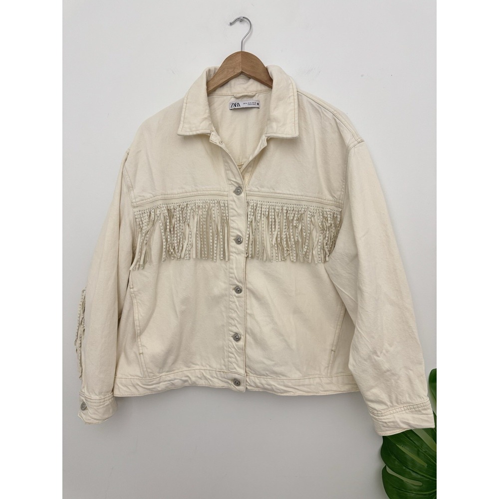 Zara Fringe Jacket Women XLarge Western Festival Retro90s Boho Chic Beige Button